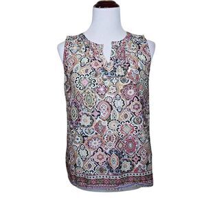 Talbots Sleeveless Cotton Medallion Paisley V-Neck Blouse Petite Small SP